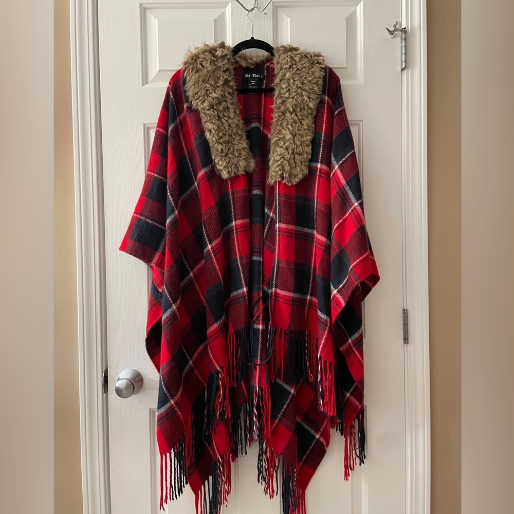 worn once, no stains/smells good condition, faux fur neck